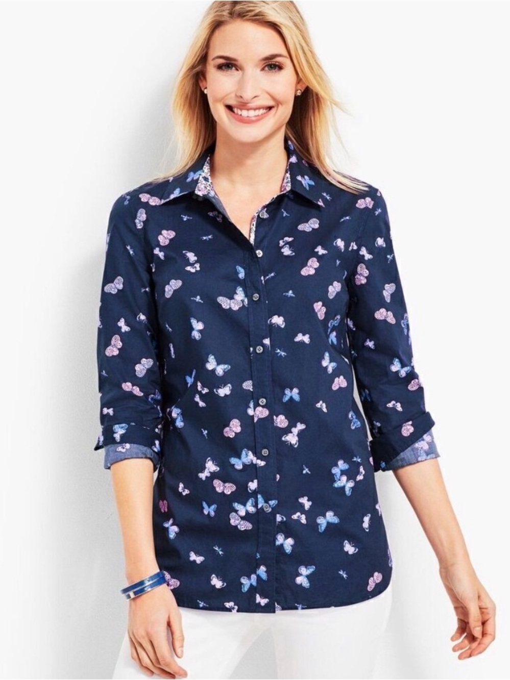 Talbots Tossed Butterflies Casual Button Up Shirt Womens Size 2X